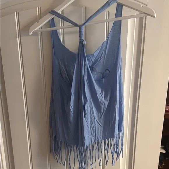 Blue Fringe Tank Top with Feather Design - Picture 2 of 2